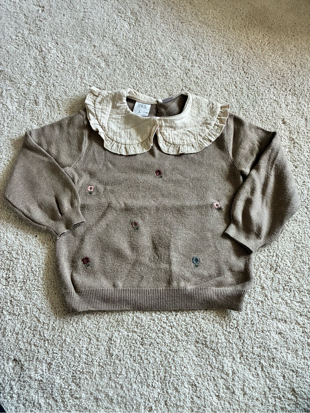 Zara Brown Sweater with Cream Ruffle Collar
